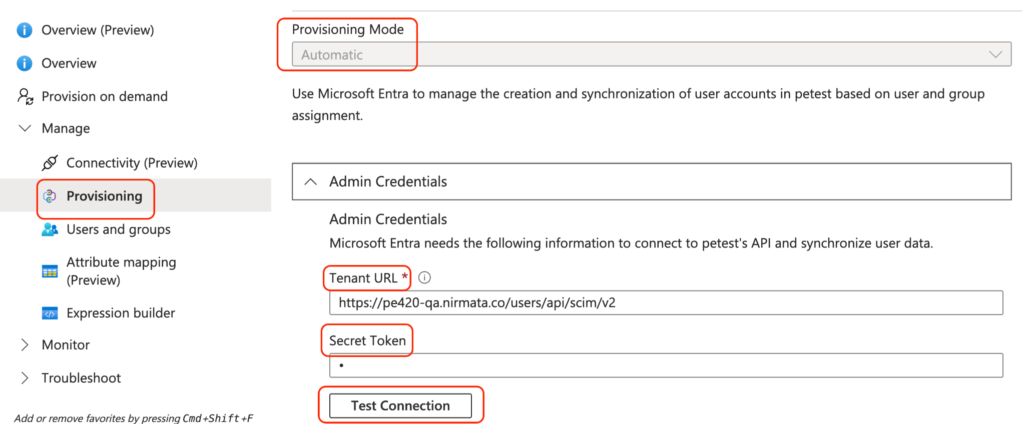 Provisioning settings showing Tenant URL, Secret Token, and Test Connection fields