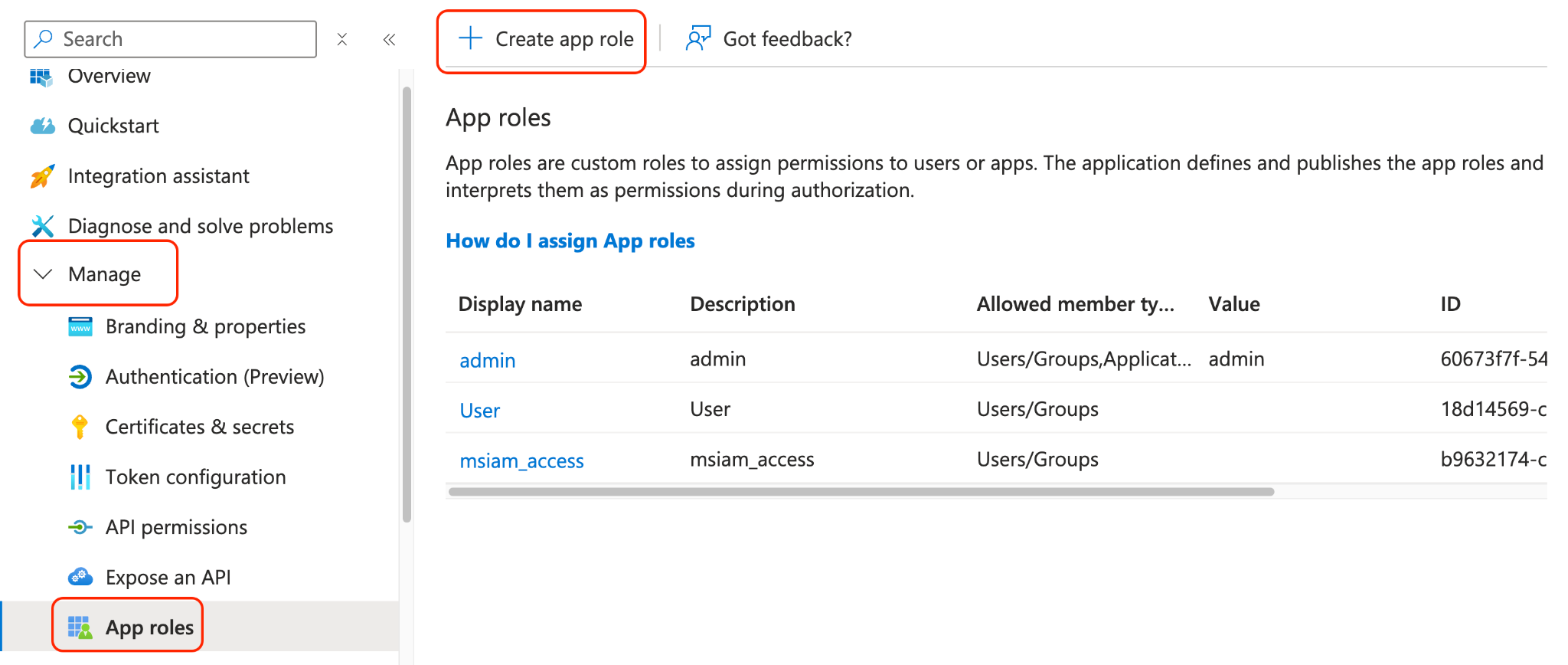 App roles page showing existing roles: admin, User, msiam_access